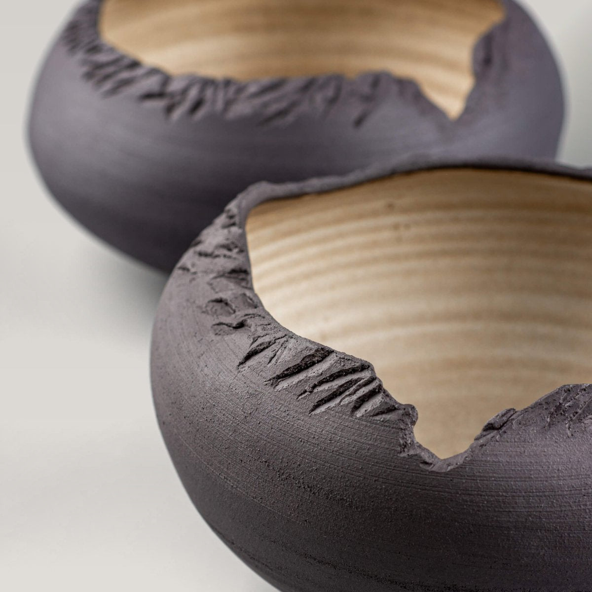 Diagonal view of handmade pottery bowl with open organic form and carved stone-like edges.
