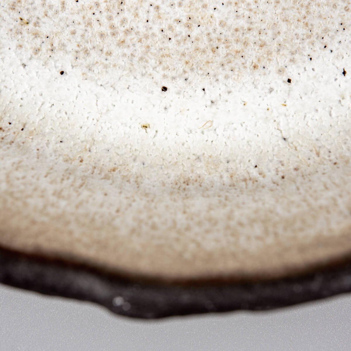 Interior surface of artisanal ceramic plate with soft speckled texture and collectible pottery appeal.