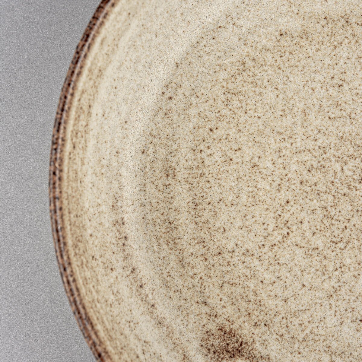 Detail of speckled ceramic glaze on stoneware plate ideal for home or restaurant use.