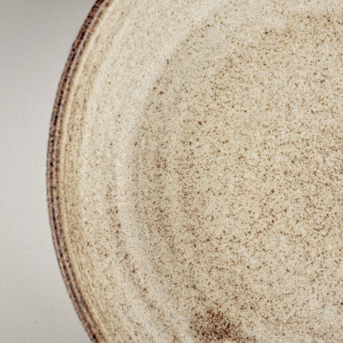 Detail of speckled ceramic glaze on stoneware plate ideal for home or restaurant use.