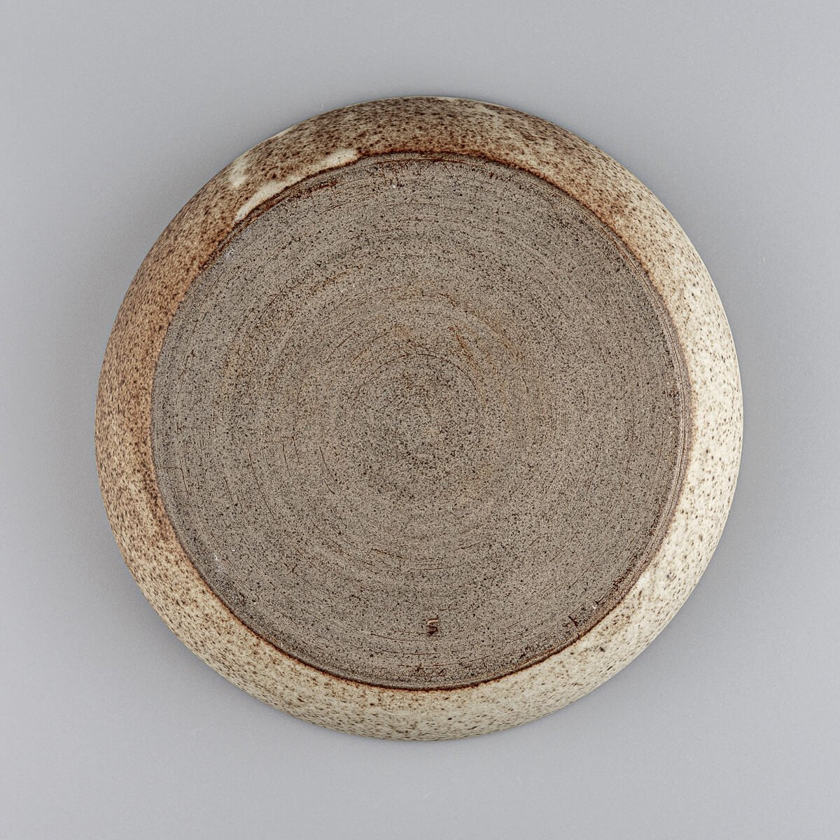 Top view of rustic stoneware dinner plate perfect for culinary presentation and decor.