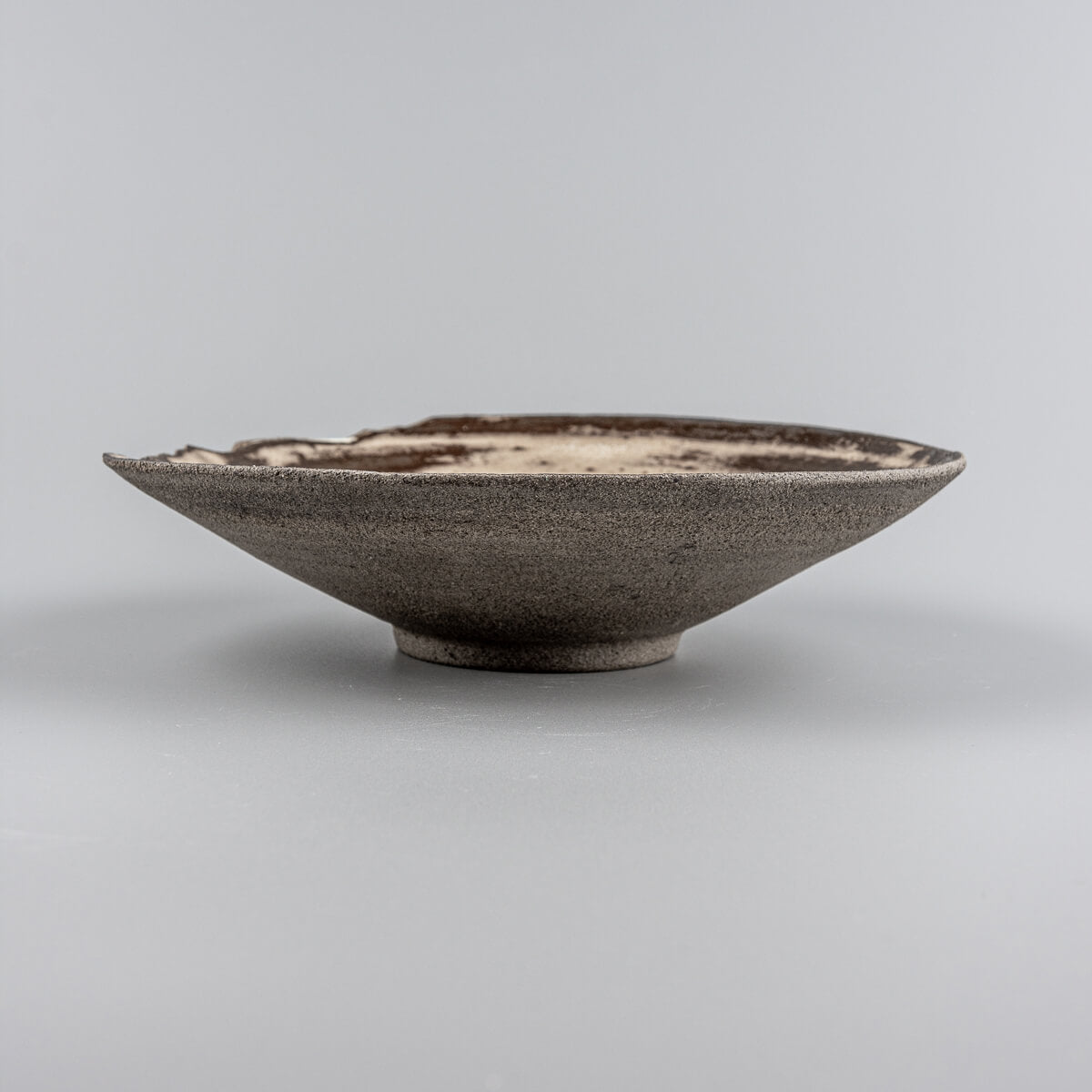 Side view of rustic ceramic plate showing shallow form and natural stoneware tones.