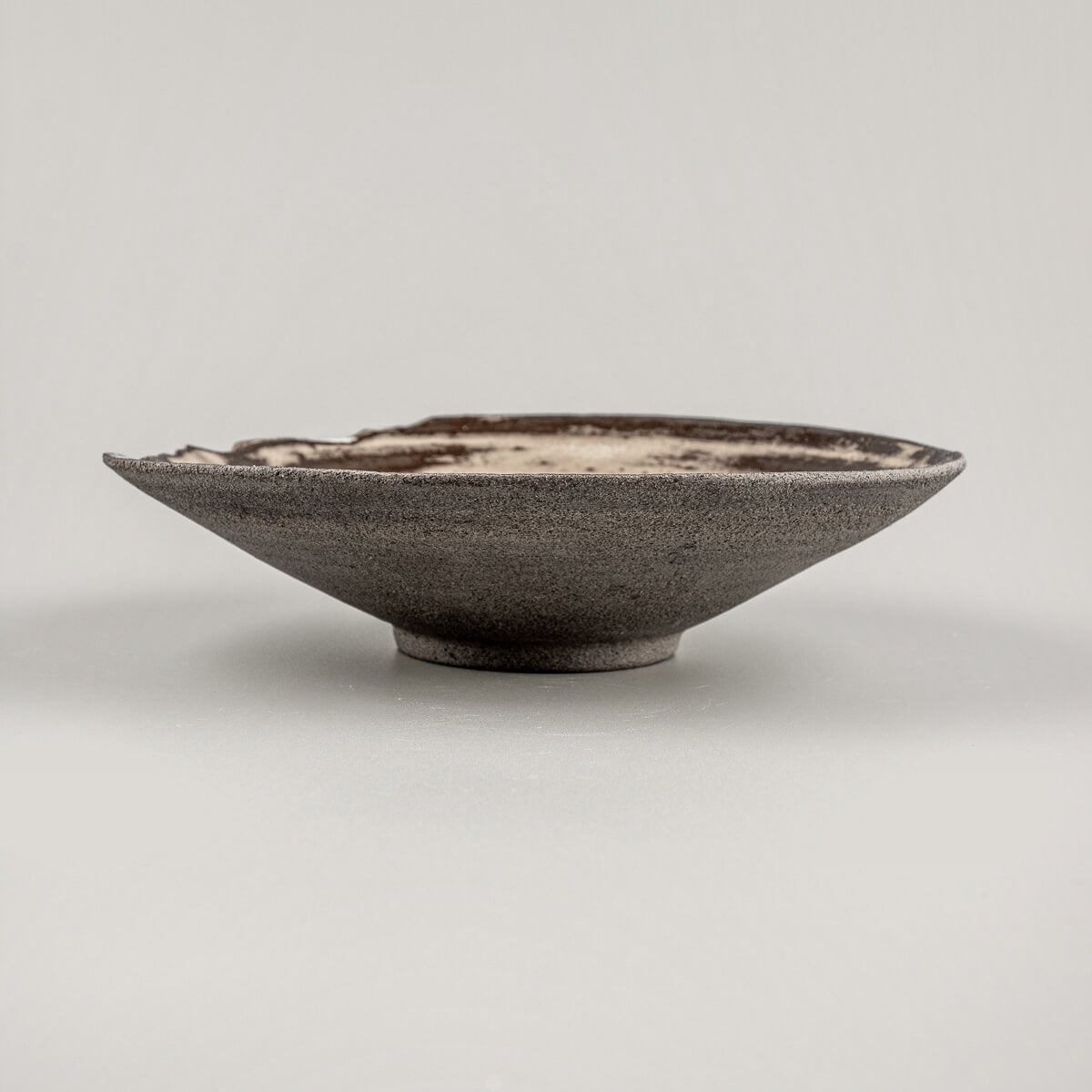 Side view of rustic ceramic plate showing shallow form and natural stoneware tones.