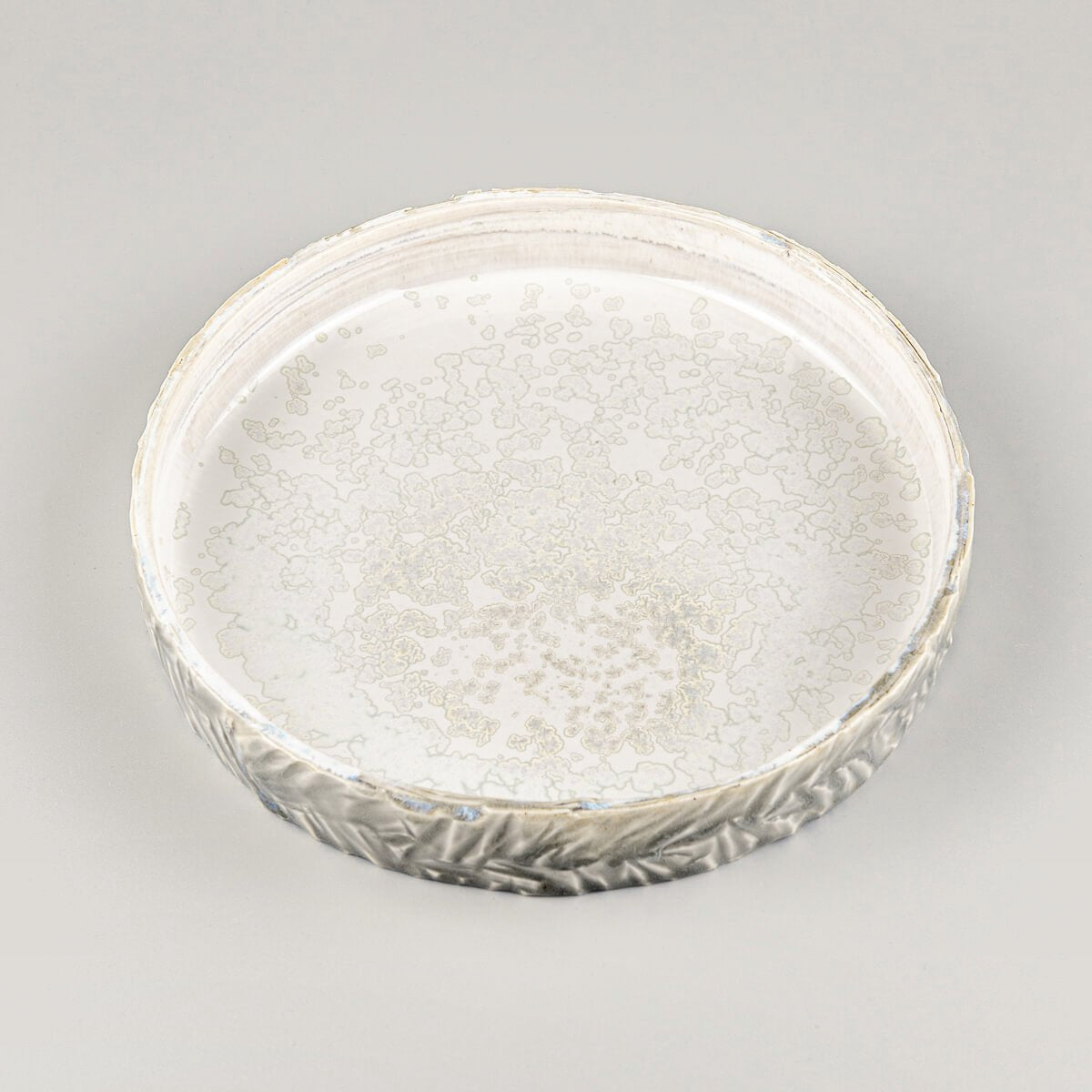 Side view of unique ceramic plate highlighting glossy gray glaze and precise edge detailing.