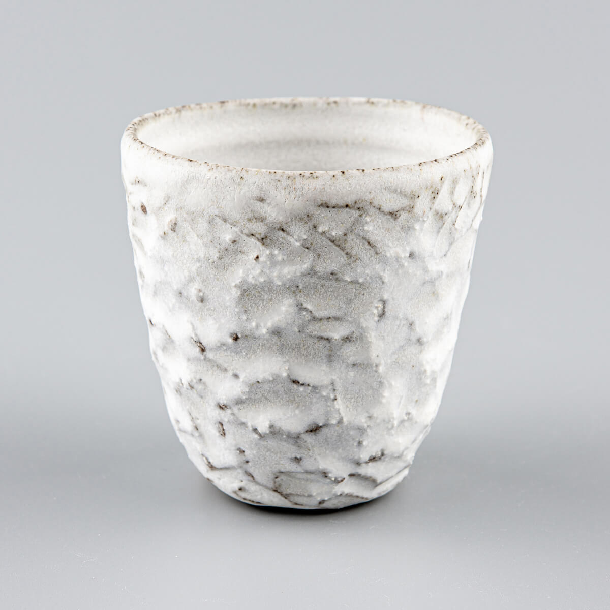 White matte stoneware mug with carved surface, perfect for boutique hotels, collectible pottery, and modern tableware.