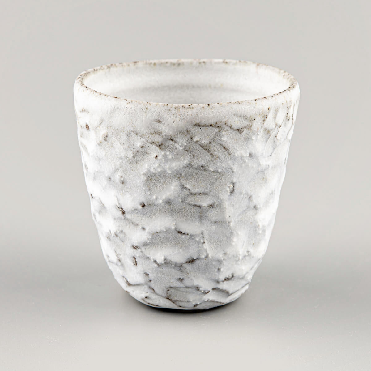 White matte stoneware mug with carved surface, perfect for boutique hotels, collectible pottery, and modern tableware.