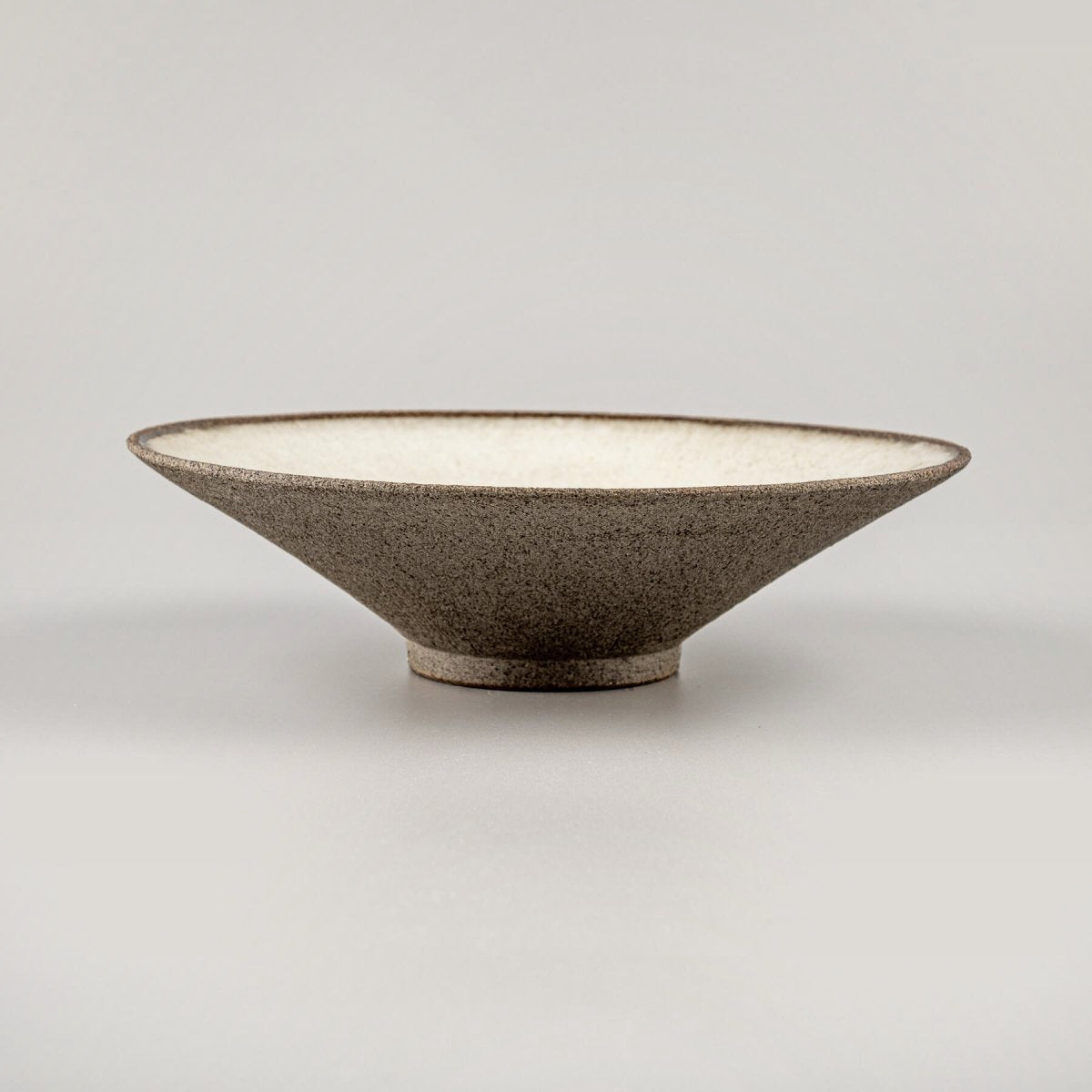 Profile view of a stoneware ceramic plate with a wide rim and stable base for culinary presentation.