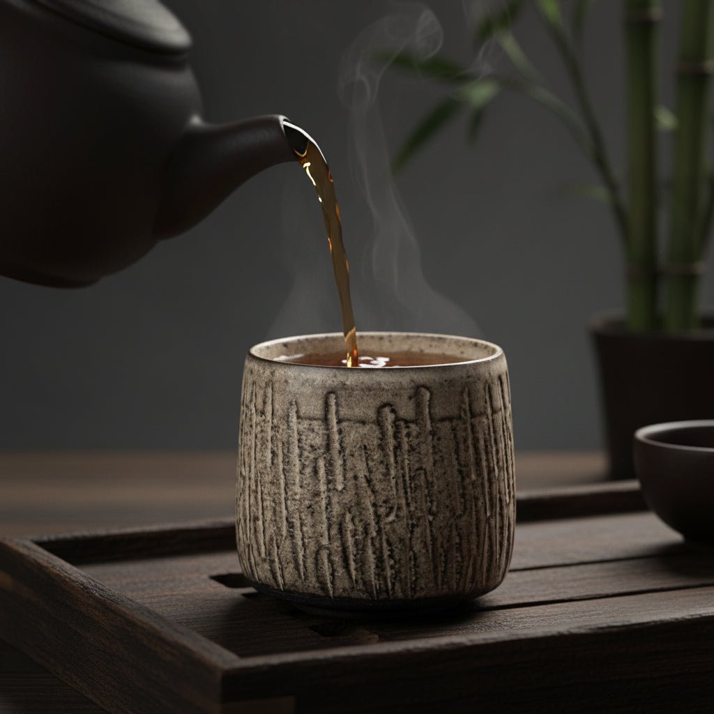Handcrafted ceramic mug, carved from stoneware, filled with hot tea, perfect for matcha rituals or fine dining tableware.