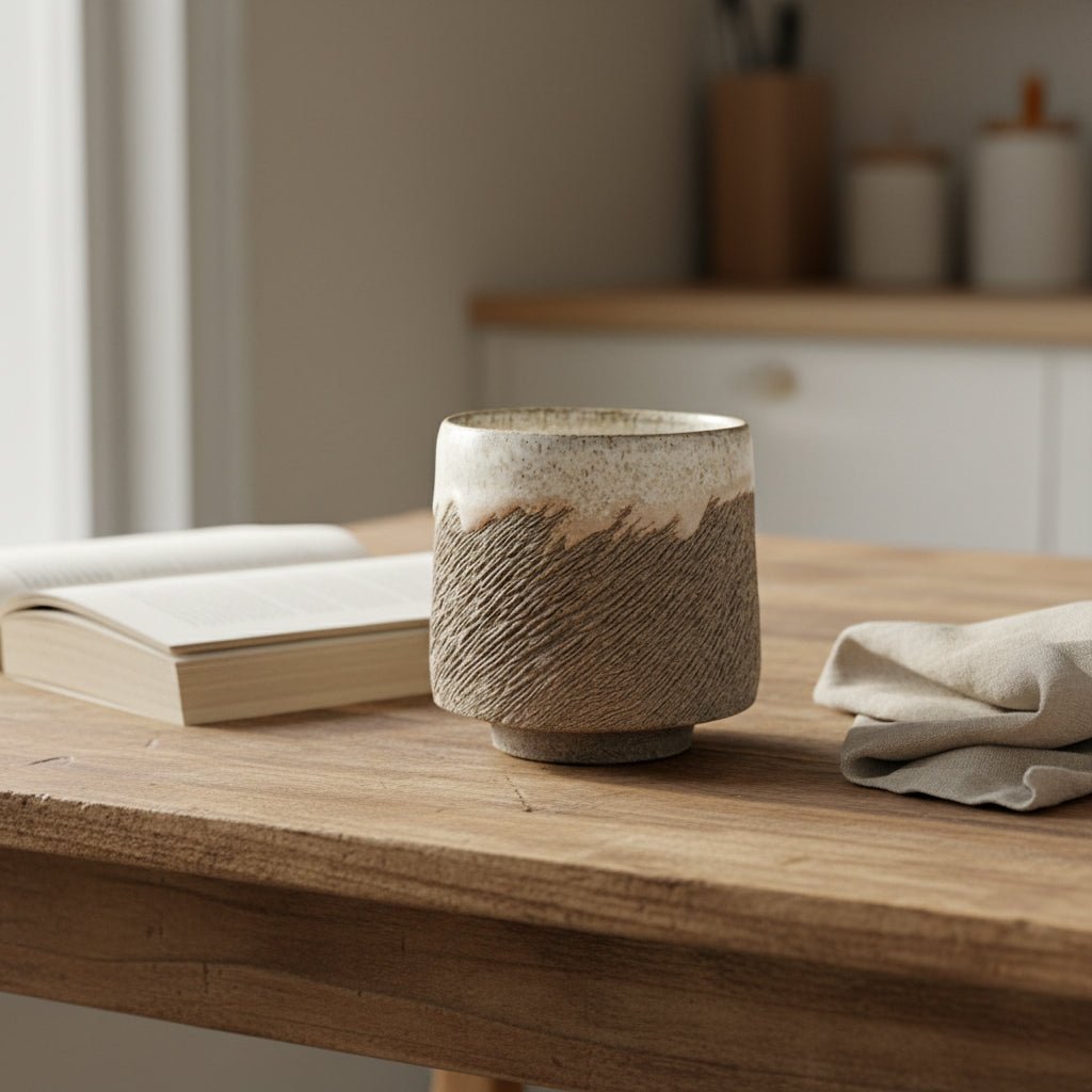 Stoneware coffee cup with carved texture and white glaze on a wooden table beside a book and linen cloth in a cozy interior.