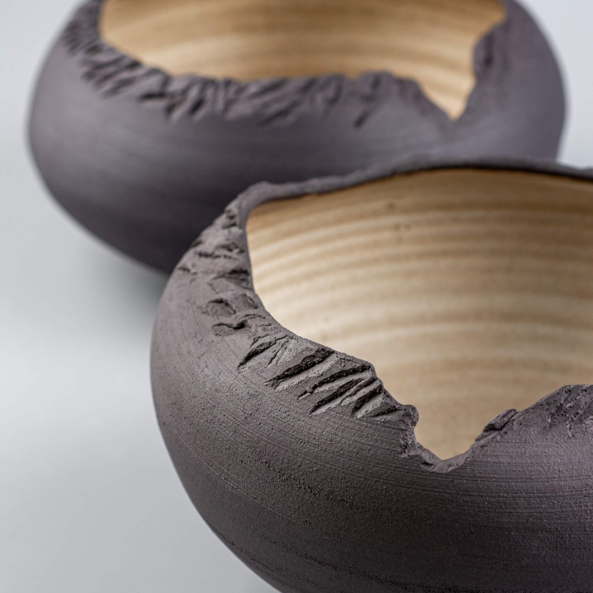 Diagonal view of handmade pottery bowl with open organic form and carved stone-like edges.