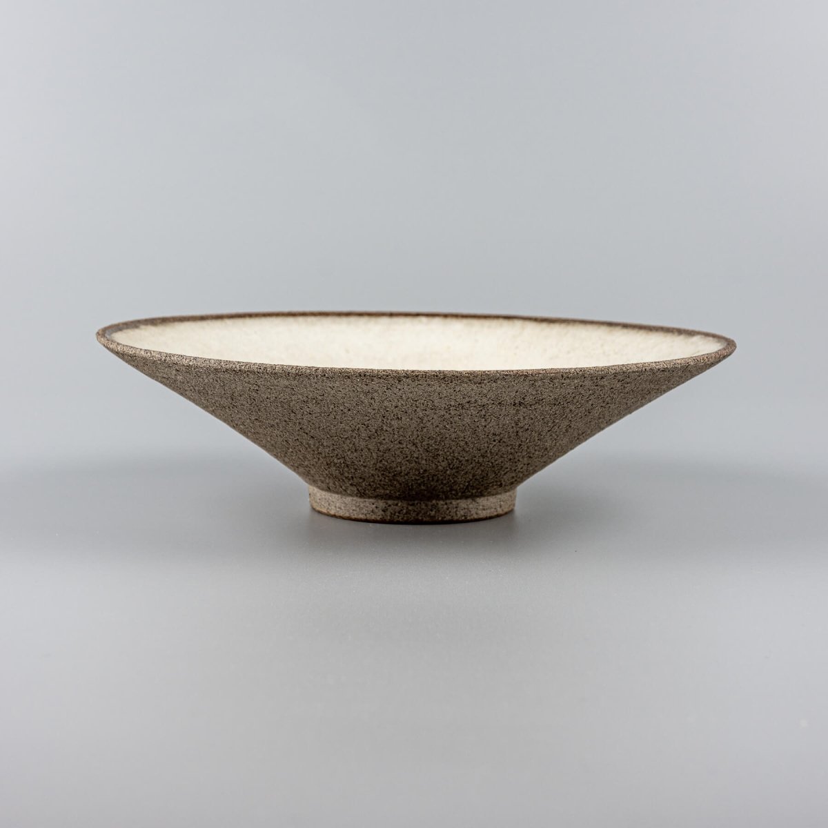 Profile view of a stoneware ceramic plate with a wide rim and stable base for culinary presentation.